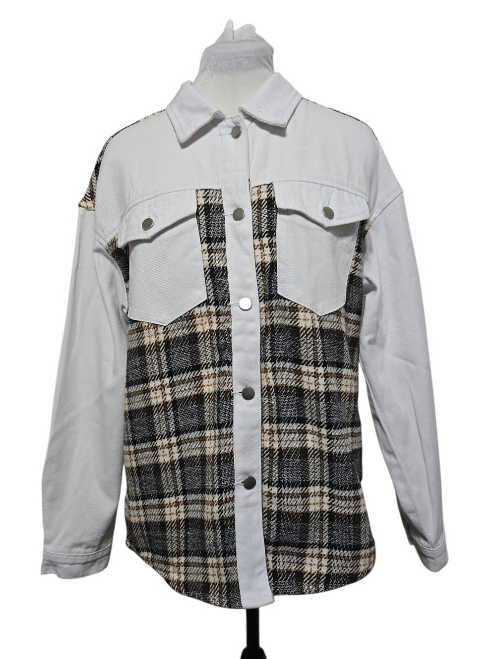 White Denim Plaid Patchwork Jacket Shacket M Button Up Fall Layering Streetwear